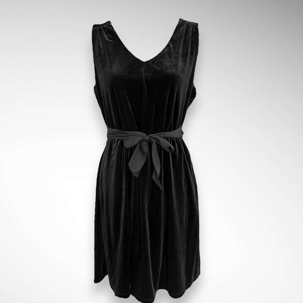 DRAPER JAMES RSVP‎ Black Velvet Tie Back Bow Belted Dress Medium | EUC